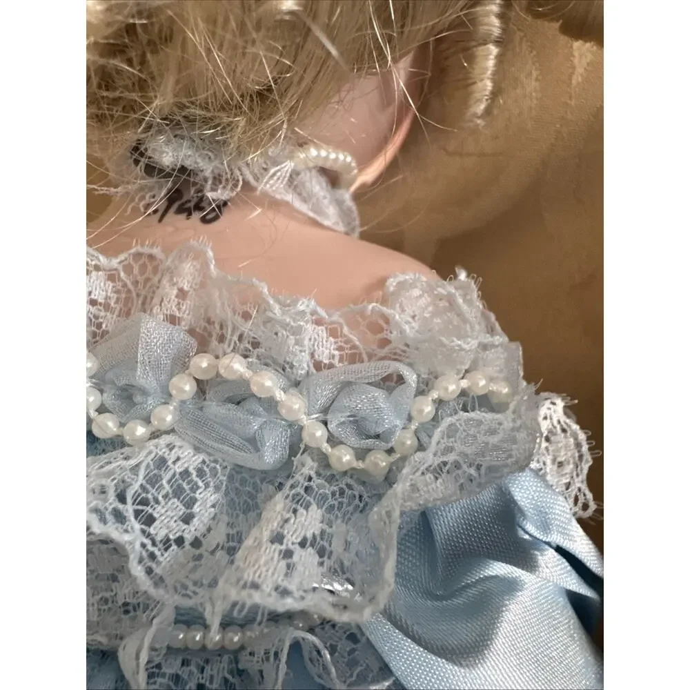 Vintage Porcelain Doll Blonde Curly Hair Blue Dress Lace White Shoes